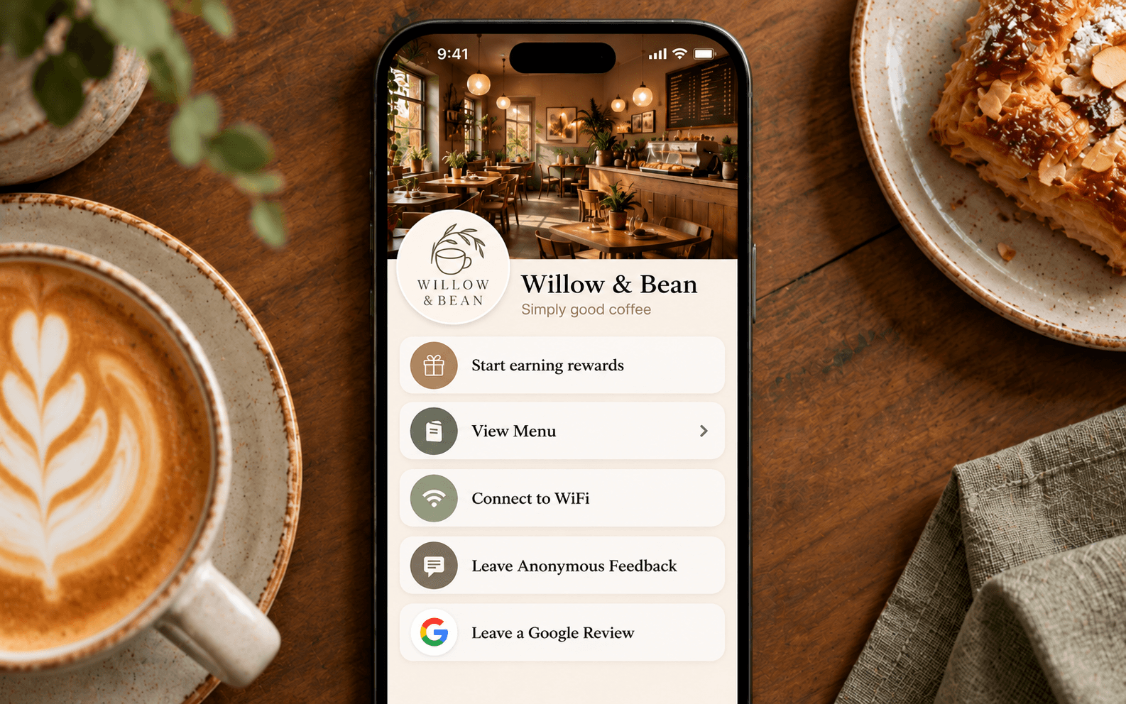 Willow & Bean café app shown on iPhone with flat-lay coffee and pastries